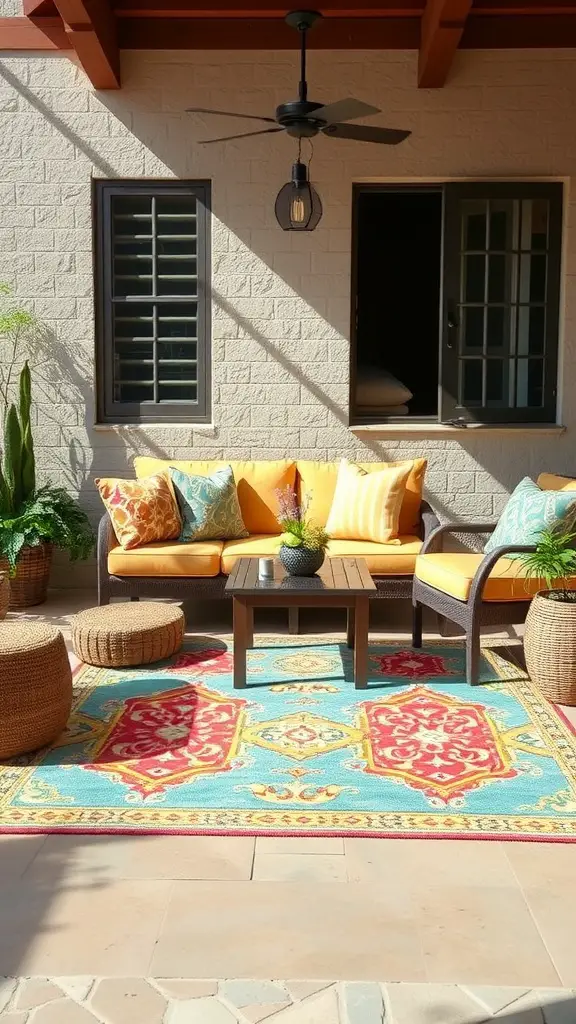 23 Affordable Backyard Patio Ideas to Transform Your Outdoor Space 8 Colorful outdoor rug with a patio setup featuring yellow cushions and greenery.