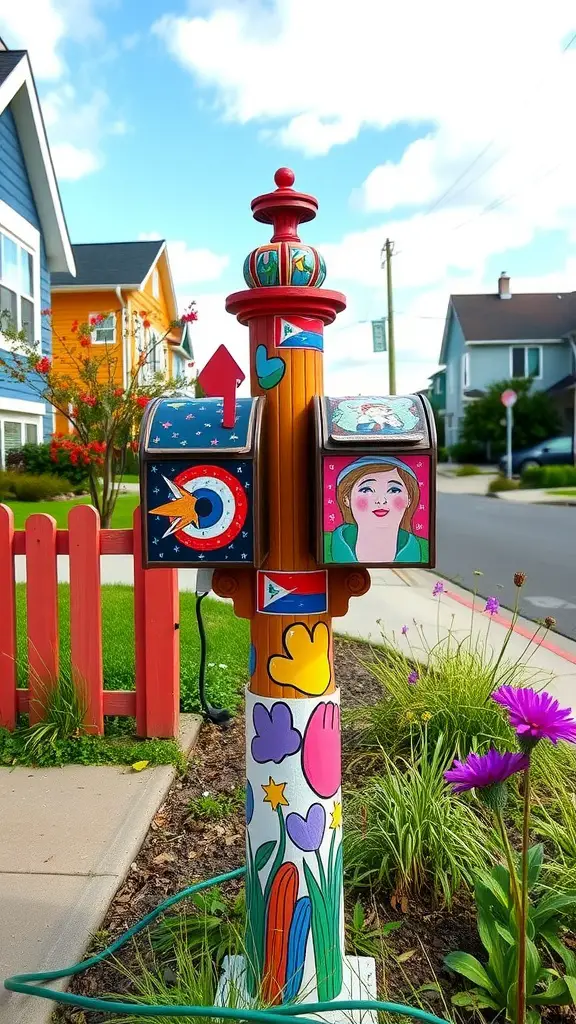 A colorful painted double mailbox post with unique designs and surrounding flowers.