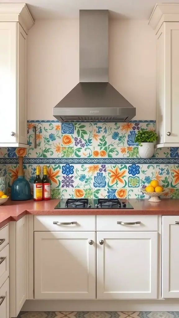 21 Stunning Backsplash Ideas for Your Dream Kitchen 11 Colorful painted tiles in a kitchen backsplash showing floral patterns.