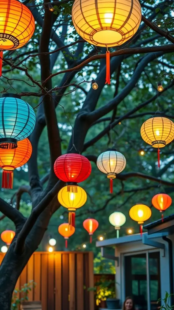 21 Affordable and Creative Backyard Wedding Ideas 4 Colorful paper lanterns hanging from a tree at a backyard wedding