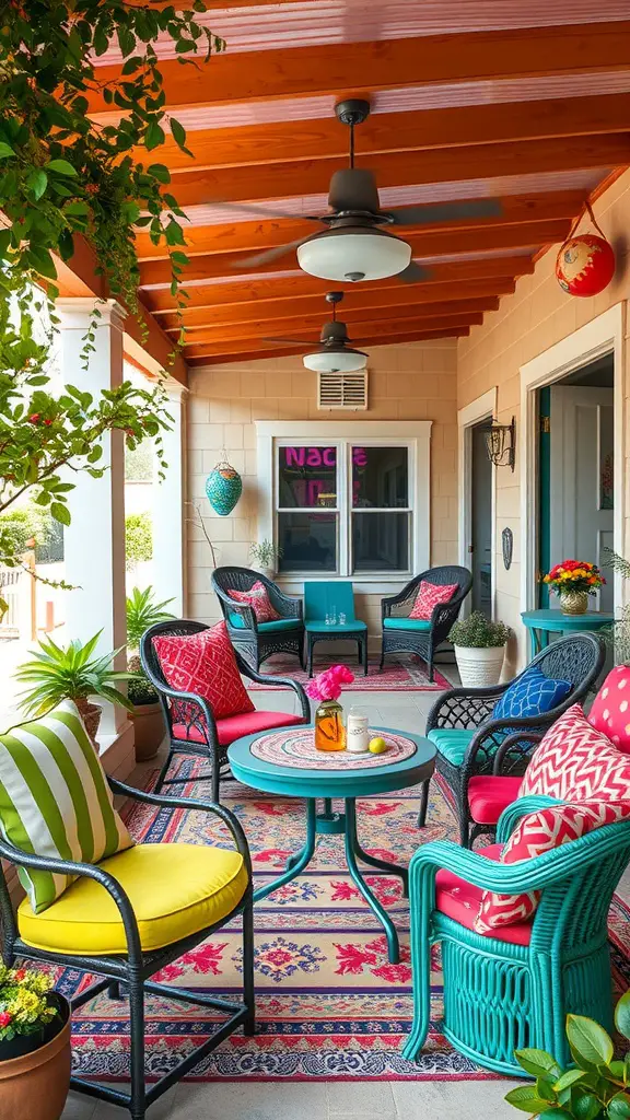 21 Stunning Ideas to Create Your Backyard Oasis 11 A vibrant patio area with colorful furniture and decor, ideal for entertainment.