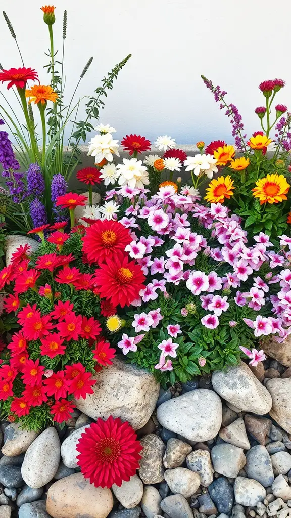 19 Inspiring Rock Garden Ideas for Your Outdoor Space 10 A vibrant rock garden featuring colorful perennials in red, yellow, and pink surrounded by smooth stones.
