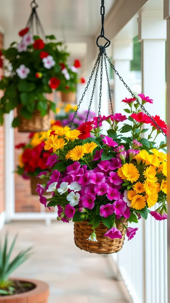 Hanging baskets filled with colorful petunias and other flowers on a porch