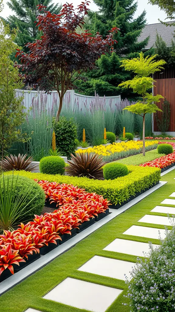 23 Inspiring Modern Garden Ideas to Transform Your Outdoor Space 17 A modern garden featuring colorful plant borders with vibrant flowers and greenery, along a pathway.