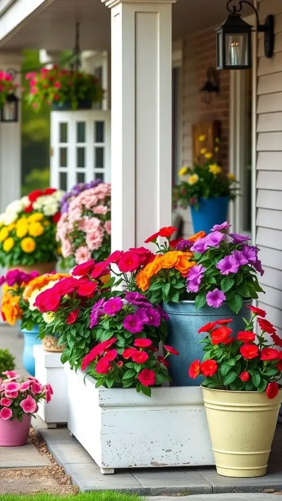 21 Charming Small Back Porch Ideas to Transform Your Outdoor Space 15 Colorful planters with vibrant flowers on a back porch