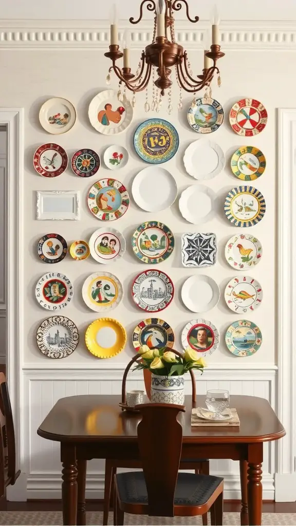 21 Stunning Dining Room Wall Decor Ideas to Transform Your Space 17 A colorful display of decorative plates arranged on a wall in a dining room.