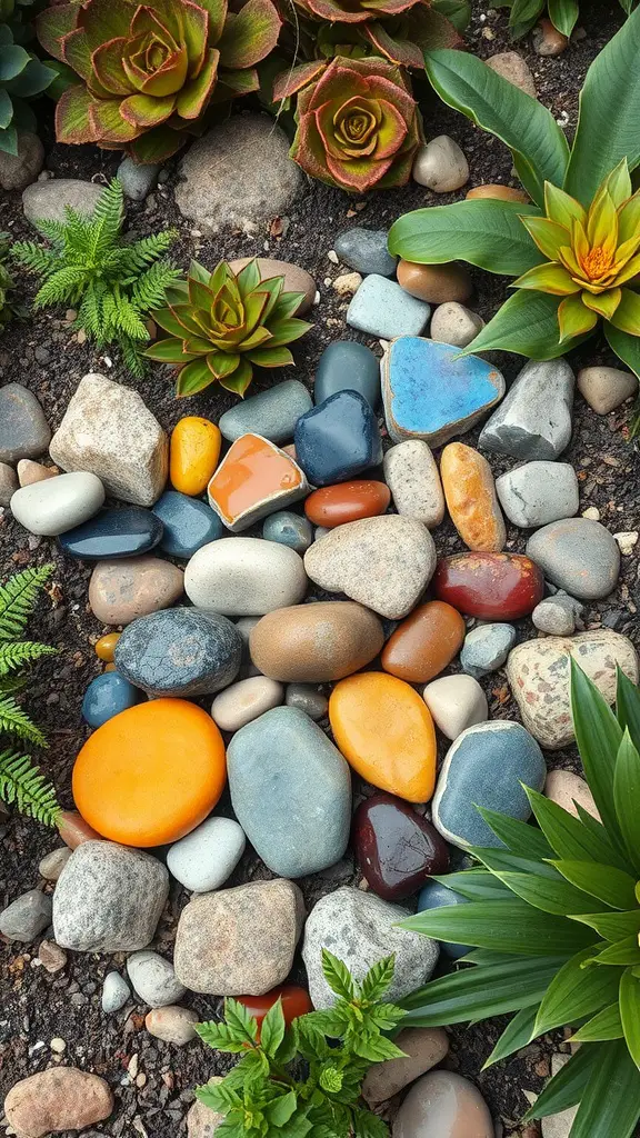 19 Creative River Rock Landscaping Ideas for Your Garden 14 A vibrant arrangement of colorful river stones interspersed among green plants in a garden.