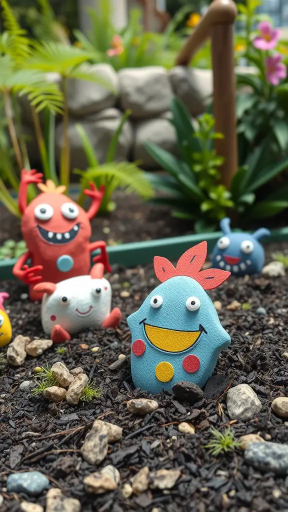 23 Creative Garden Rock Art Ideas to Brighten Your Outdoor Space 12 Colorful painted rock monsters in a garden setting with greenery.