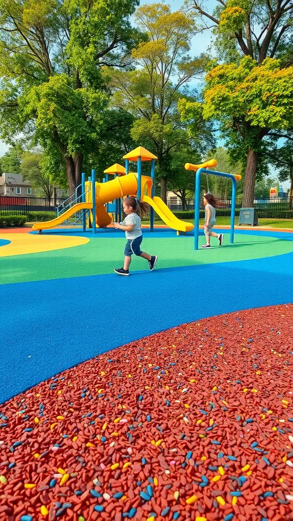 23 Creative Playground Landscaping Ideas for Endless Fun 8 Colorful playground with rubber mulch surfacing and children playing