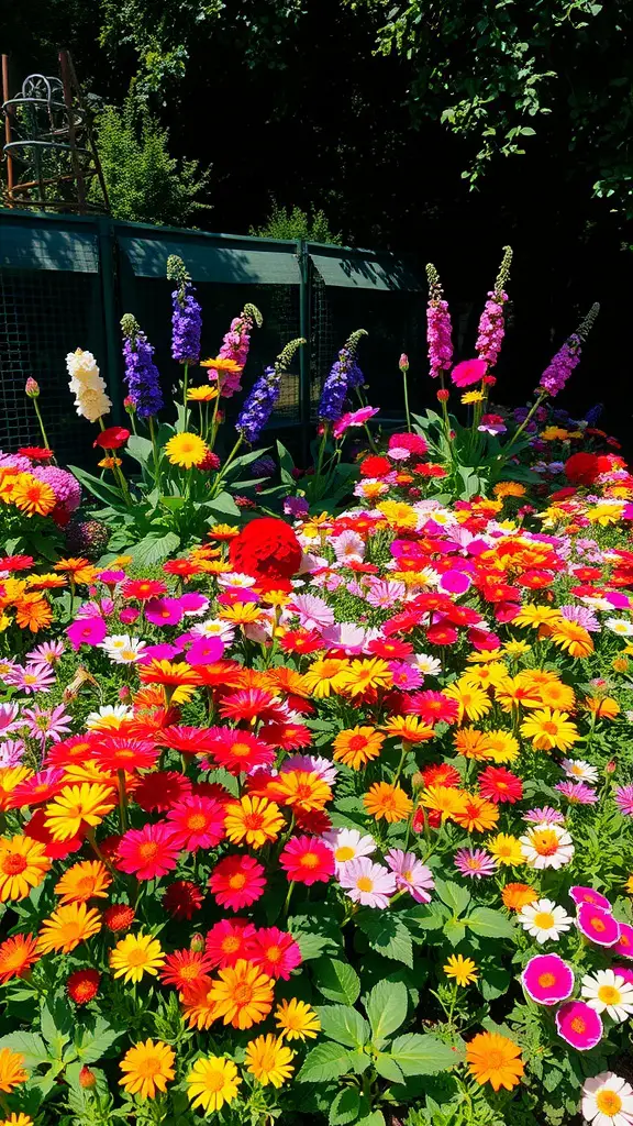 A vibrant garden filled with colorful shade annual flowers including pink, red, yellow, and purple blooms.