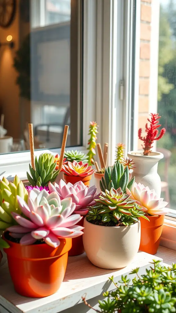 A vibrant arrangement of colorful succulents in pots placed on a windowsill.