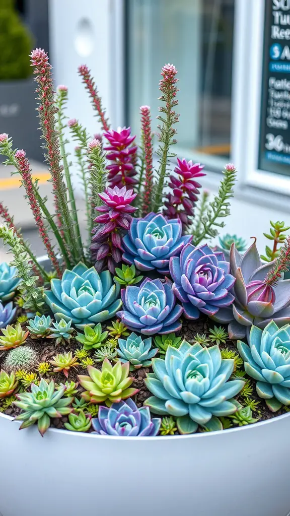 19 Colorful Plant Ideas to Brighten Your Space 8 Colorful succulent arrangement featuring a variety of succulents in shades of green, blue, and purple.