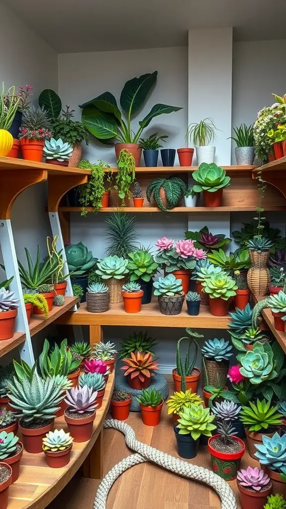 A vibrant display of succulents on shelves in a basement plant room, featuring various colors and pot styles.