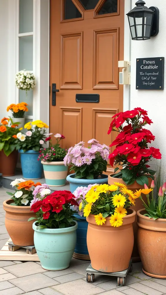19 Stunning Front Door Planter Ideas to Elevate Your Entryway 9 A variety of colorful terracotta pots filled with flowers placed at a front door.