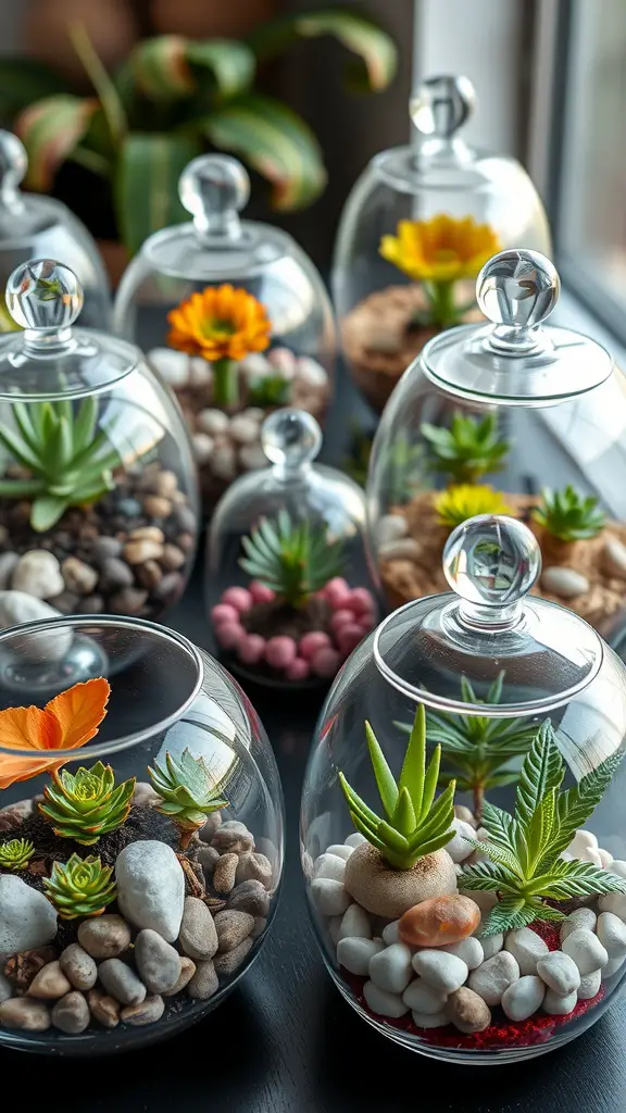 A variety of colorful terrariums with different plants and stones displayed under glass domes.