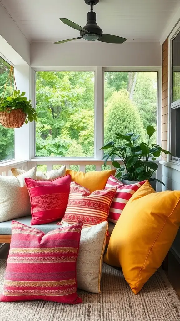 A cozy screened-in porch with colorful throw pillows in various patterns and colors on a seating area, surrounded by greenery.