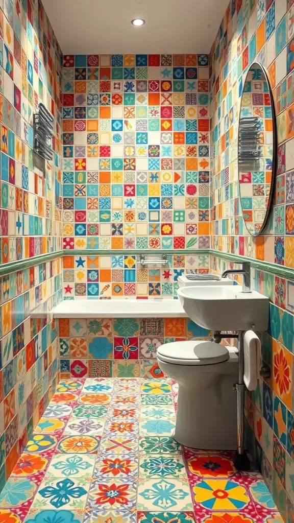 Colorful bathroom with patterned tiles on walls and floor, featuring a white toilet and sink.