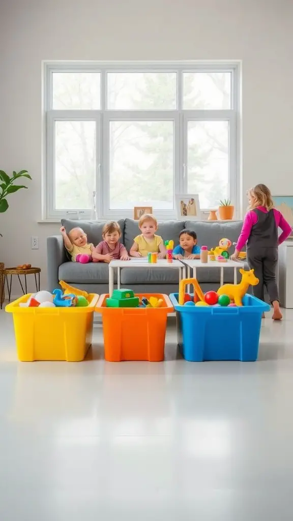 25 Creative Living Room Toy Storage Ideas for a Clutter-Free Space 4 Colorful toy storage bins in a living room with children playing.