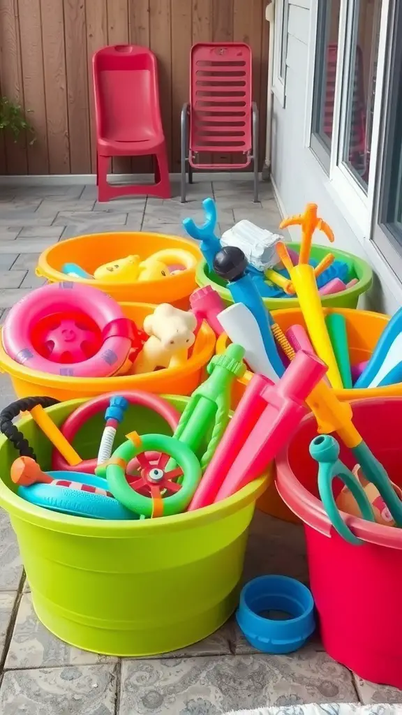 15 Creative Pool Toy Storage Ideas to Keep Your Backyard Organized 7 Colorful utility tubs filled with pool toys in a backyard setting.