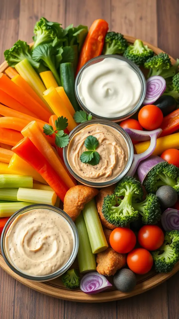 21 Stunning Grazing Table Ideas for Your Next Celebration 16 A colorful veggie platter featuring carrots, celery, broccoli, cherry tomatoes, and dips in three bowls.