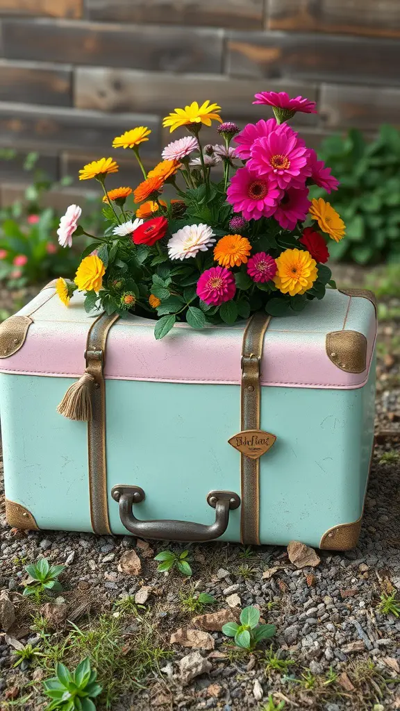 A colorful vintage suitcase planter filled with vibrant flowers.