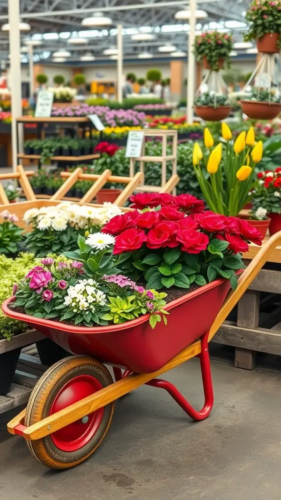 19 Creative Wheelbarrow Planter Ideas for Your Garden 15 A red wheelbarrow filled with colorful flowers at a garden center, surrounded by various plants.
