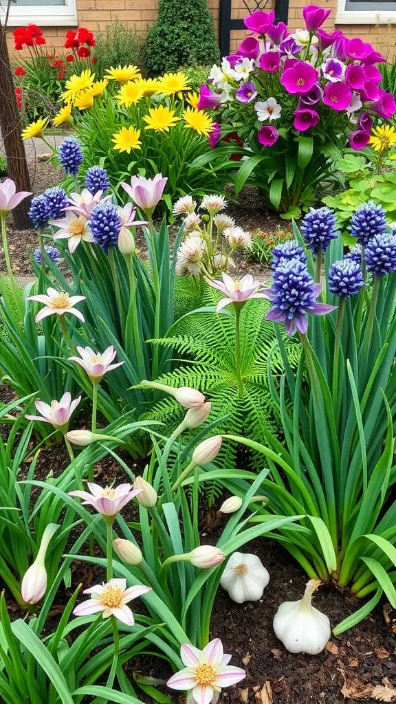 19 Stunning Floral Garden Ideas Featuring Beautiful Bulbs 11 A vibrant garden featuring blooming bulbs like hyacinths and lilies alongside garlic bulbs and other edible plants.