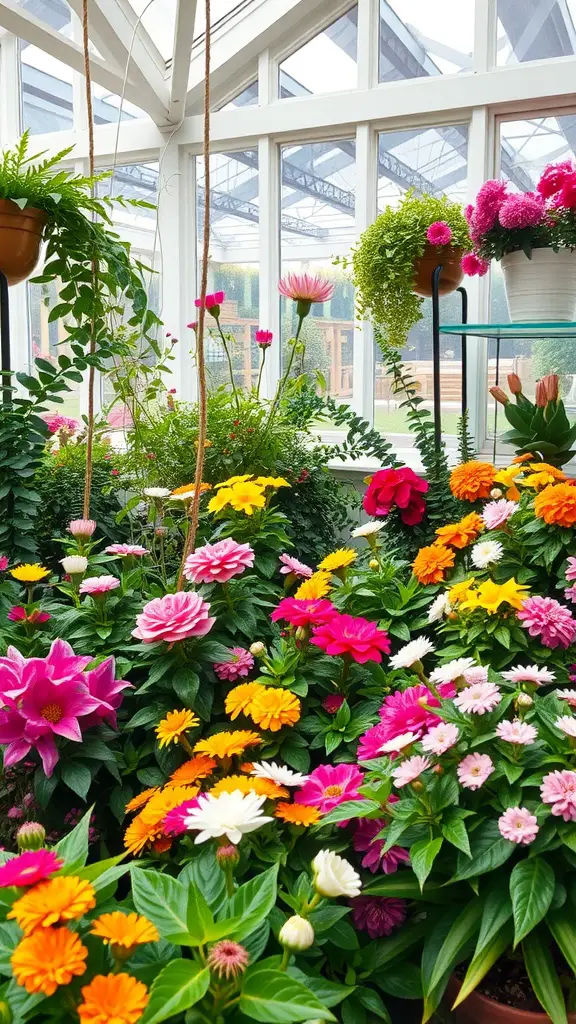 A vibrant display of colorful flowers and lush foliage in a sunroom