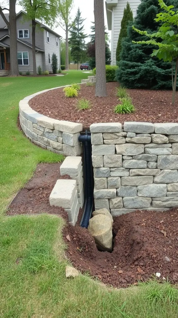 23 Creative French Drain Ideas for Effective Water Management 13 A stone retaining wall with a French drain system integrated into the landscape.