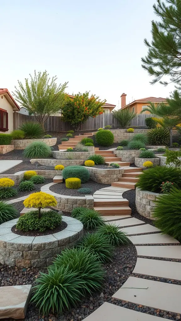 21 Creative Sloped Backyard Landscaping Ideas You’ll Love 11 A beautifully landscaped sloped backyard featuring stone pathways, retaining walls, and various plants.