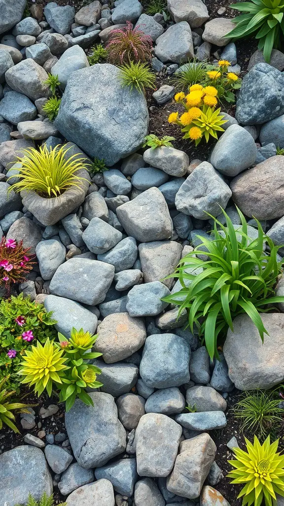 19 Creative River Rock Landscaping Ideas for Your Garden 11 A landscape featuring a mix of river rocks and colorful native plants.