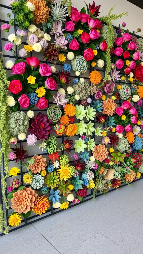 25 Stunning Floral Indoor Plant Wall Ideas for Your Home 13 A vibrant indoor plant wall featuring a mix of colorful flowers and succulents arranged in a grid pattern.