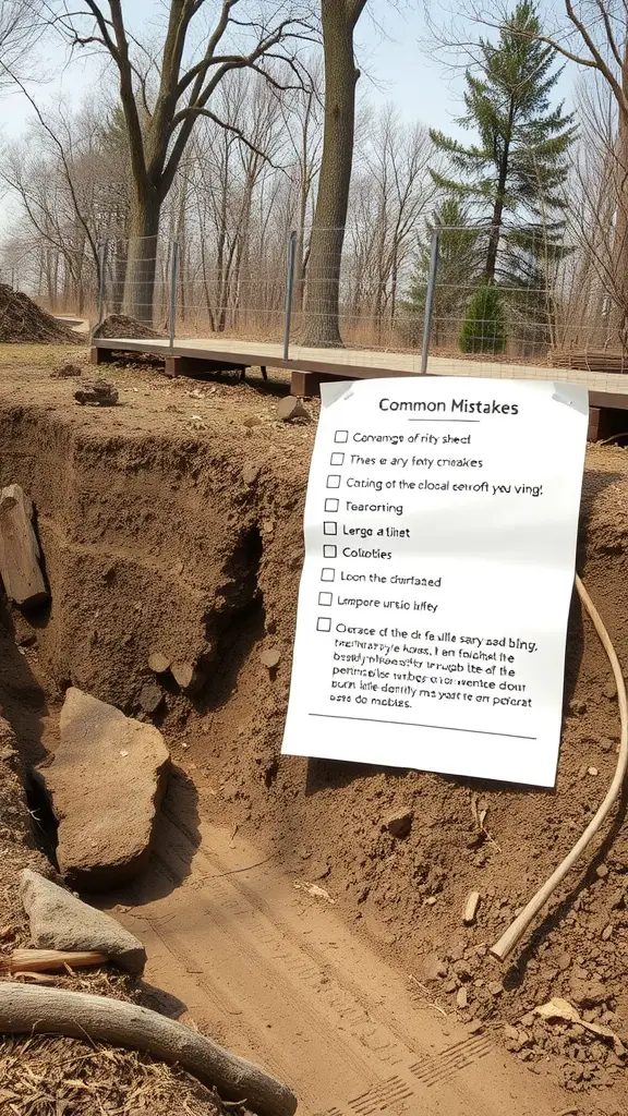 A note listing common mistakes when building a dry creek bed, placed near a partially dug area.