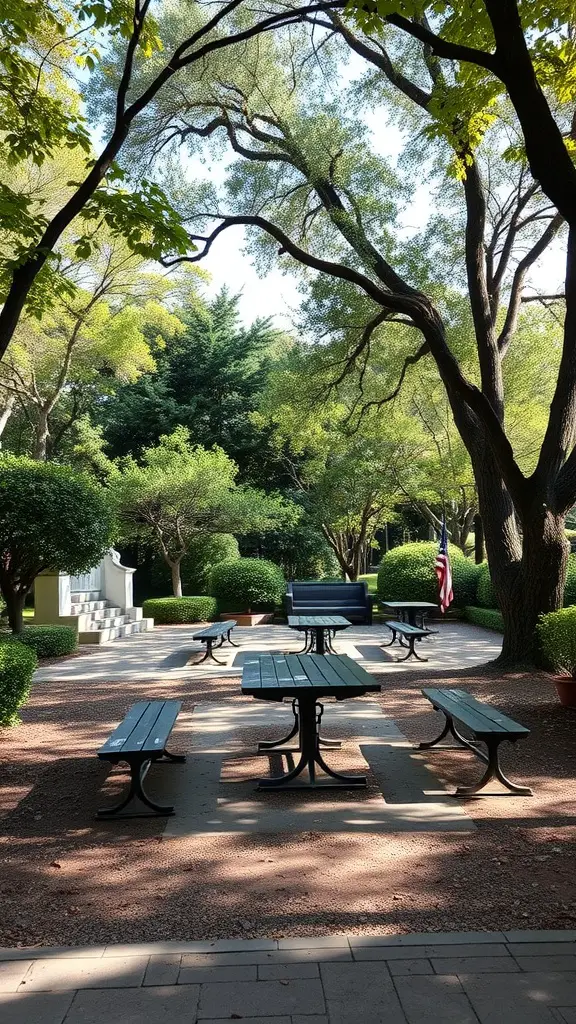 A peaceful memorial garden with tables and benches surrounded by trees.