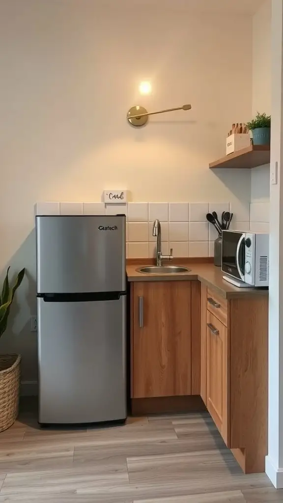 Compact kitchen with a small refrigerator, microwave, and sink, featuring modern design elements.