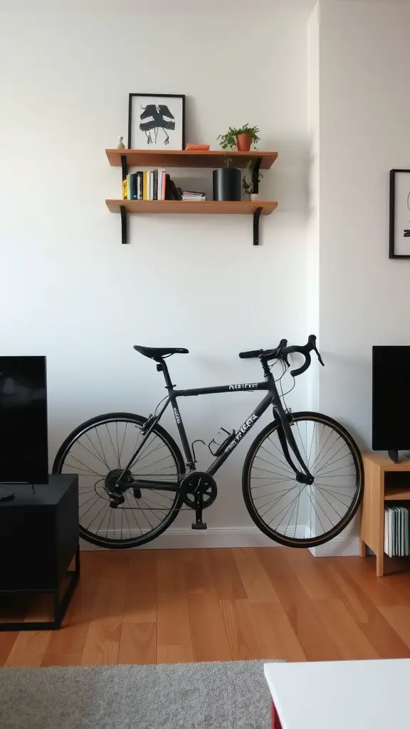 21 Creative Bike Storage Ideas for Small Spaces 15 A stylish black bike mounted against a wall in a modern apartment, with floating shelves above displaying books and plants.