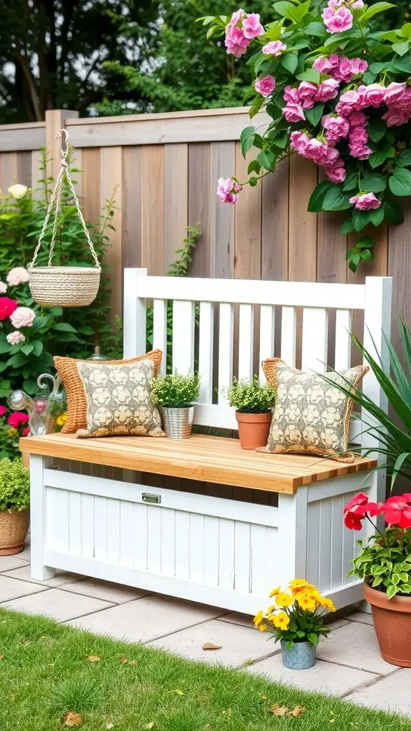 25 Clever Outdoor Storage Ideas to Maximize Space 4 A compact garden storage bench with a white frame and wooden top, surrounded by flowers and plants.