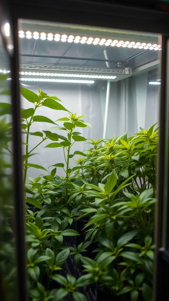 21 Creative Mini Greenhouse Ideas to Maximize Your Gardening Space 7 A compact indoor mini greenhouse filled with green plants under bright LED lights.