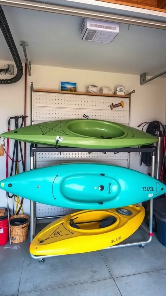 25 Creative Kayak Storage Ideas for Small Spaces 13 Compact kayak storage unit with three kayaks stacked in a garage.