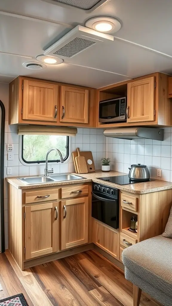 Compact kitchen in a small camper with wooden cabinets, double sink, stovetop, oven, and microwave.