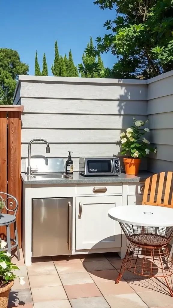 25 Stunning Outdoor Kitchen Patio Ideas You’ll Love 8 Compact kitchenette setup on a small patio with sink, microwave, and seating