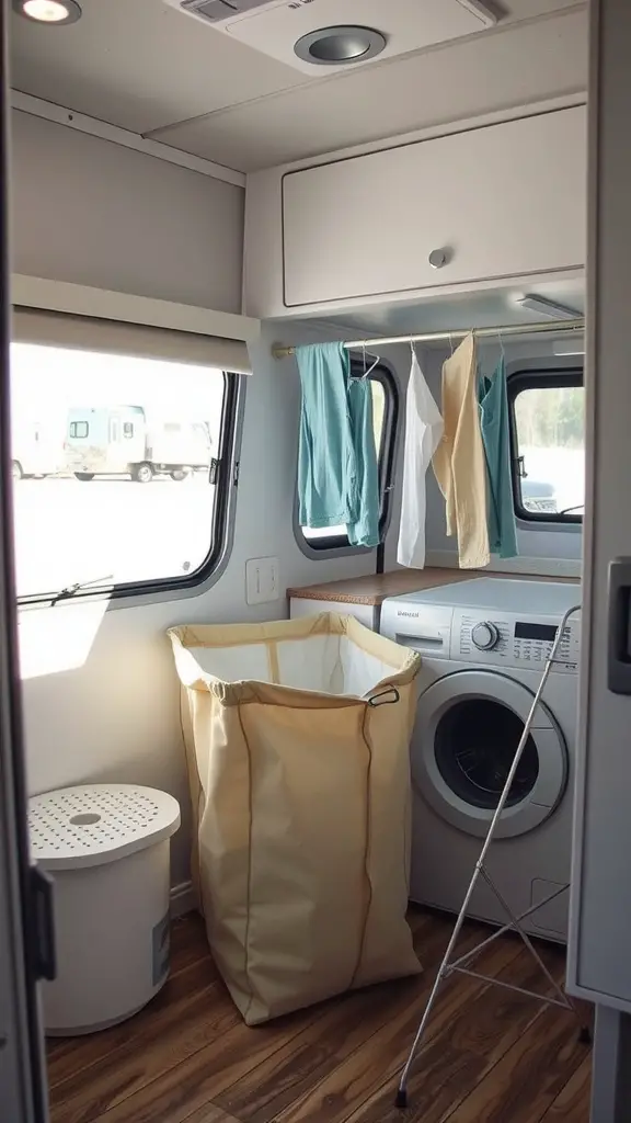 19 Clever Camper Storage Ideas for Your Next Adventure 16 Compact laundry setup in a camper featuring a washing machine, laundry basket, and drying rack.