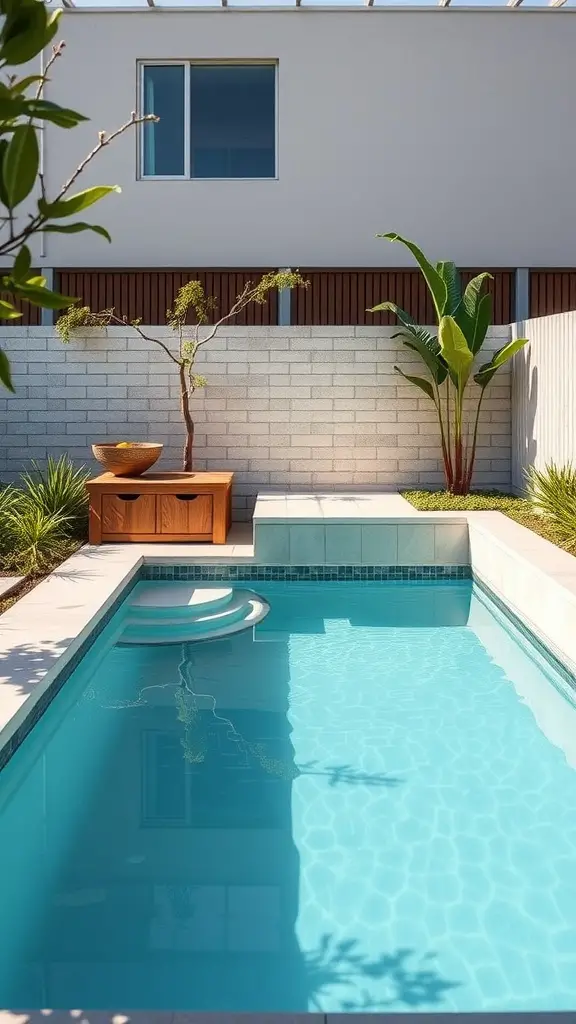 21 Creative Pool Storage Ideas You Need This Summer 11 A small modern pool area with a wooden storage bench and plants, showcasing compact design.
