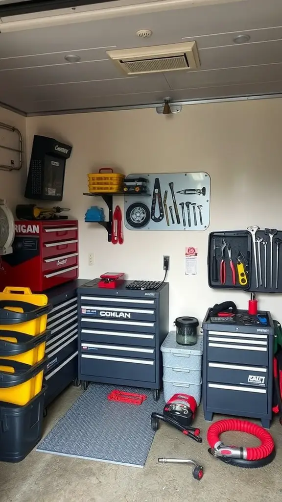 Organized tool storage area with tool chests, wall-mounted tools, and bins.