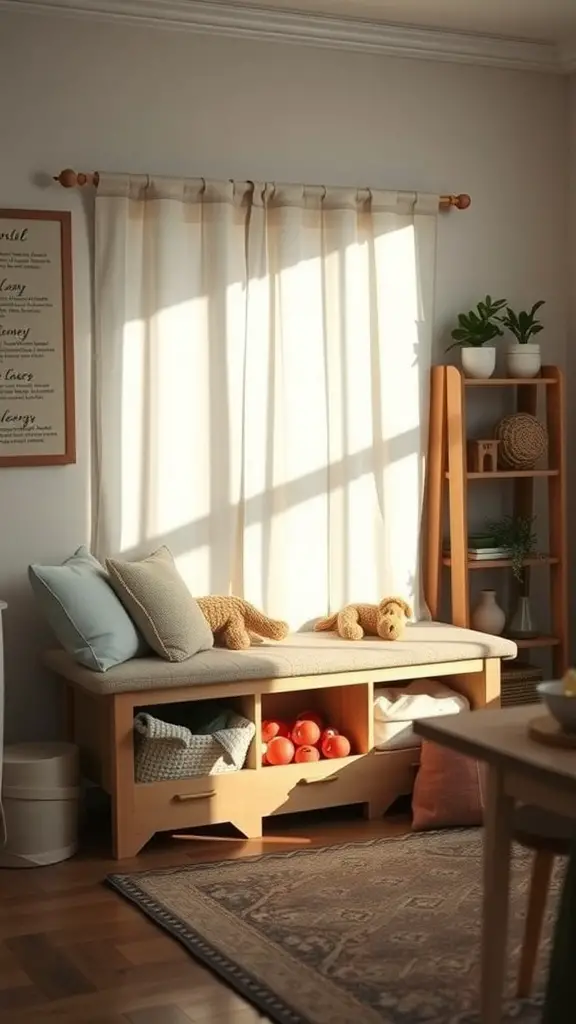 25 Creative Living Room Toy Storage Ideas for a Clutter-Free Space 14 A cozy toy storage bench with cushions, featuring organized toys underneath.