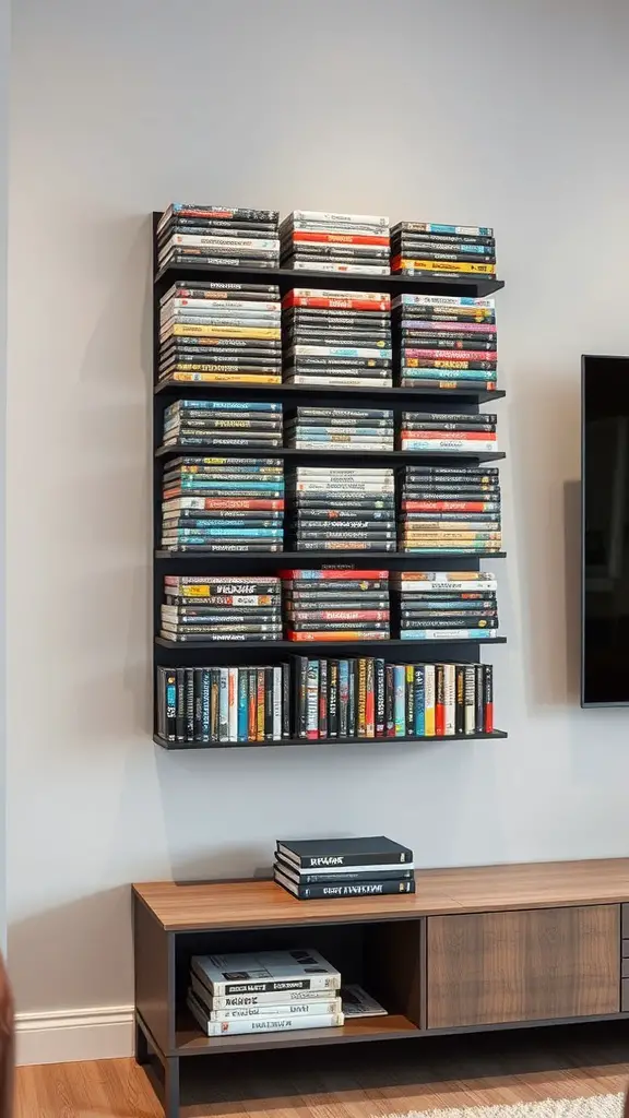 21 Creative DVD Storage Solutions for an Organized Home 9 A wall-mounted rack displaying a neatly organized collection of DVDs.