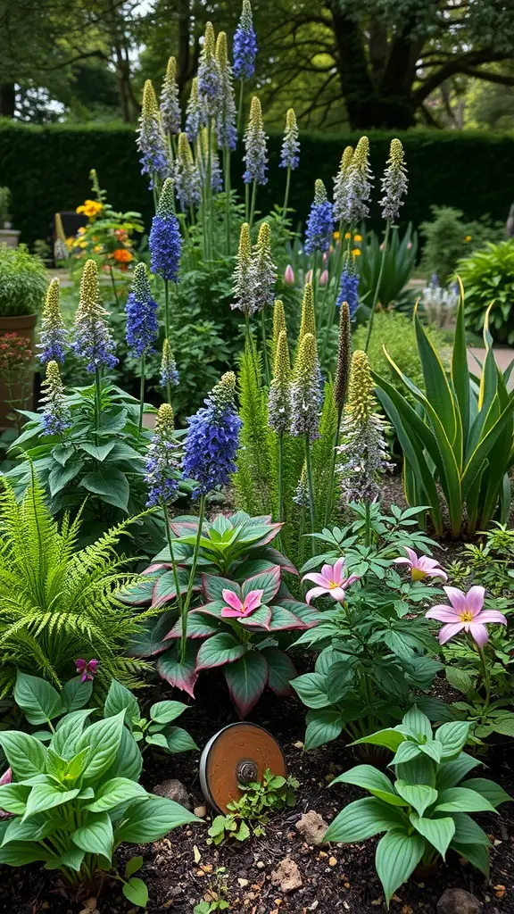 15 Inspiring Forest Garden Ideas for Your Outdoor Space 17 A colorful garden with blue flowers, greenery, and pink blooms showcasing companion planting ideas.