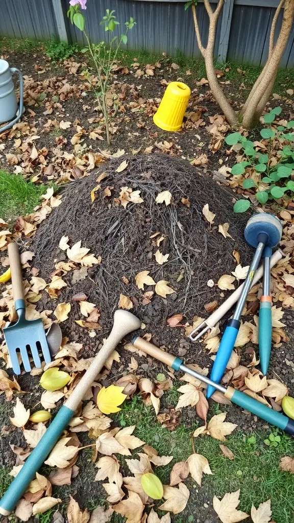 A compost pile made of autumn leaves, surrounded by gardening tools and a yellow container in a garden setting.