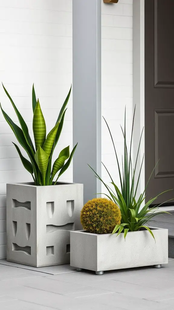 19 Stunning Front Door Planter Ideas to Elevate Your Entryway 15 Two concrete block planters at a front door with green plants