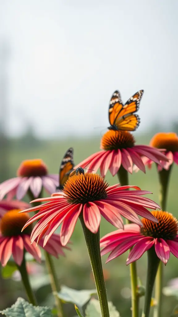 17 Long-Blooming Perennials for a Vibrant Garden Year-Round 2 Coneflowers with orange monarch butterflies perched on them in a sunny garden.